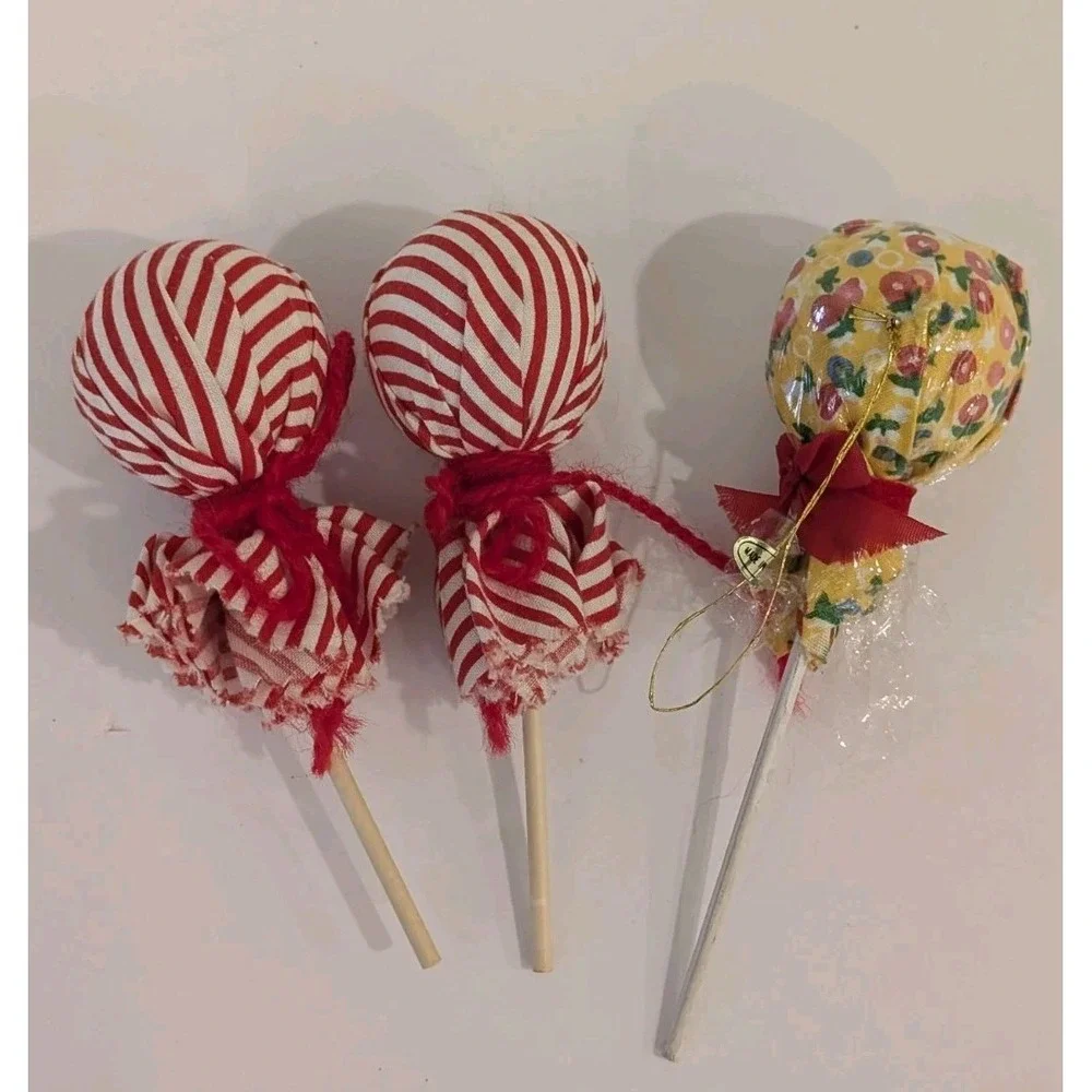 Lot of 3 Vtg Christmas Candy Ornament Decorations Lollipops Peppermint Floral